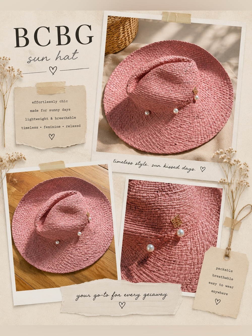 BCBGMaxAzria Pink Woven Straw Sun Hat with Pearl Accents